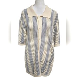 MASSIVE LUXURY Crochet OpenKnit ShortSleeve Button Shirt.Blue/cream Stripe L NWT